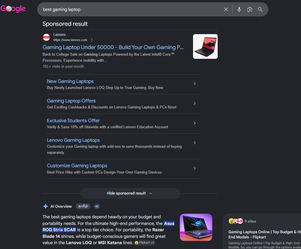 Google search results for best gaming laptop